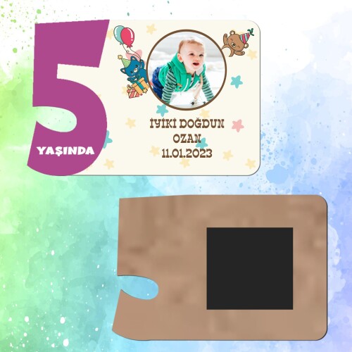 Ayı Figürlü Mor Rakamlı 5 Yaşında Magnet Ahşap