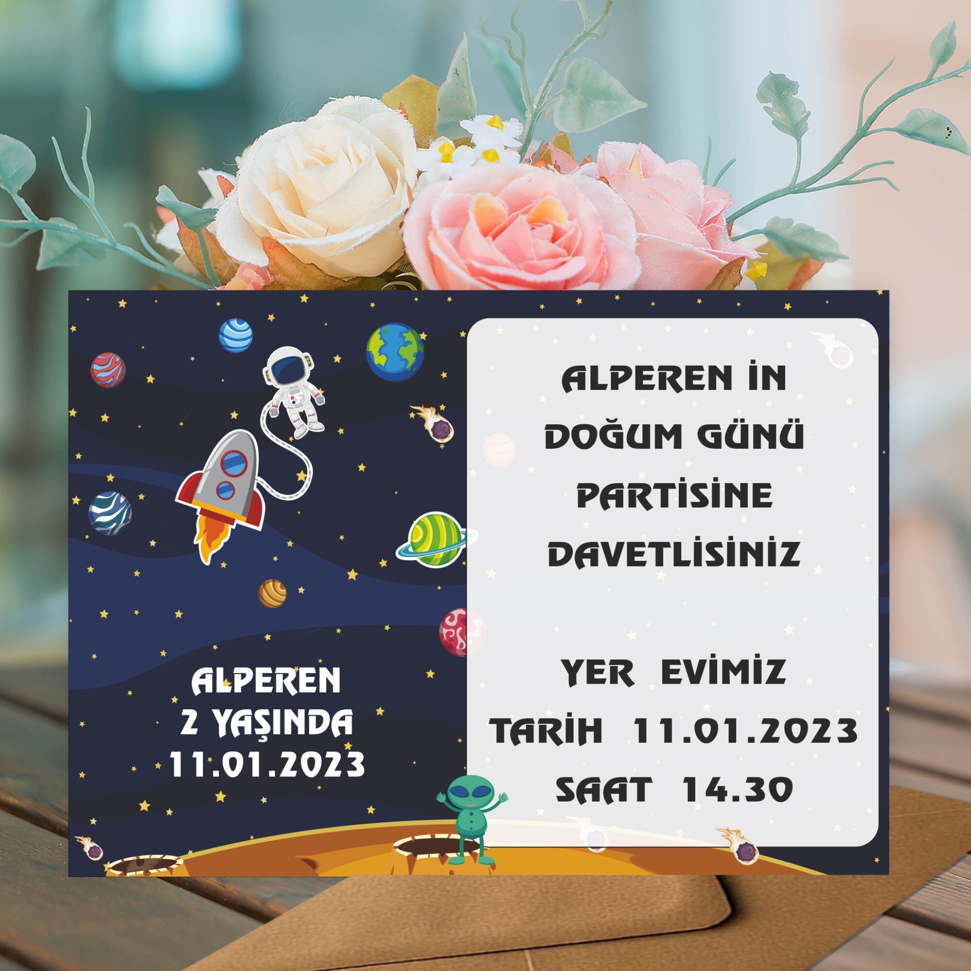Uzay Temalı Parti Davetiyesi Zarf Dahil