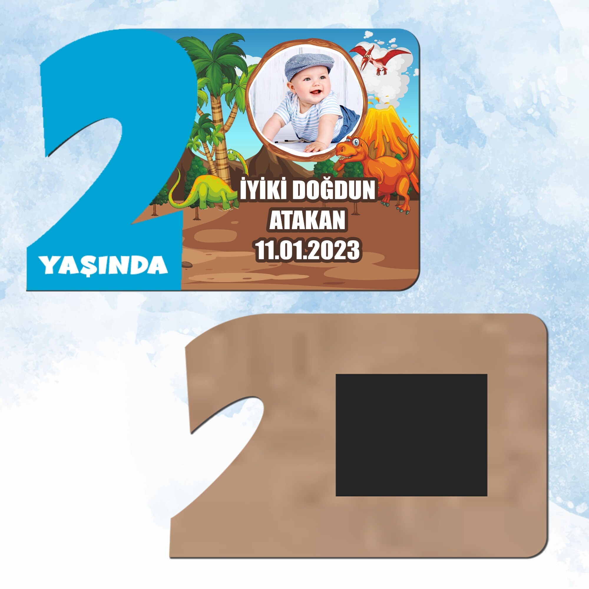Dinazor Temalı 2 Yaş Mavi Rakam Ahşap Magnet