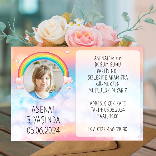 Gökkuşağı Temalı Doğum Günü İçin Zarflı Davetiye
