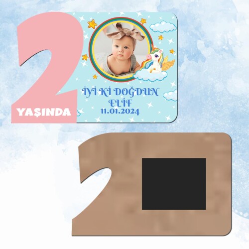 Unicornlu 2 Yaş Pembe Rakam Ahşap Magnet