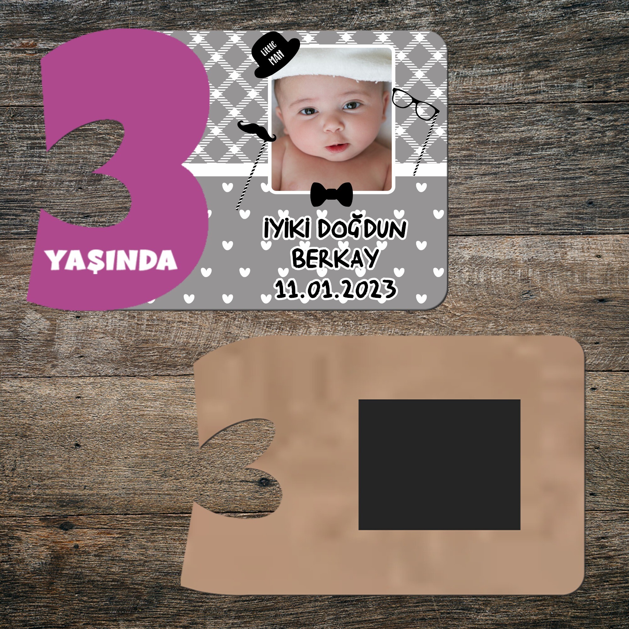 Little Man Küçük Adam 3 Yaşında Mor Rakam Ahşap Magnet