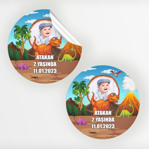Dinazor Temalı Yuvarlak Doğum Günü Etiketi