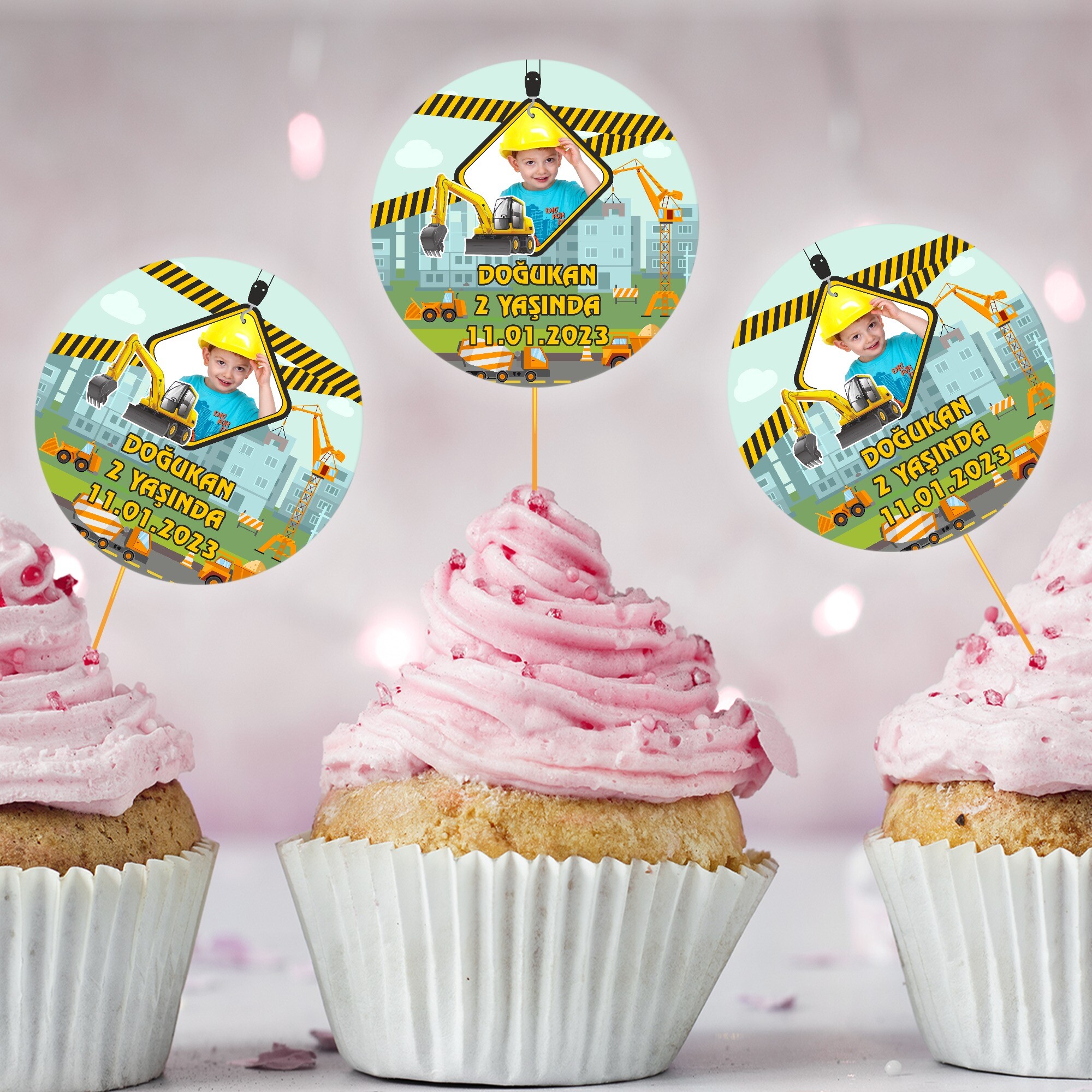 İş Makinaları Tasarımlı Cup Cake Kürdan Süs