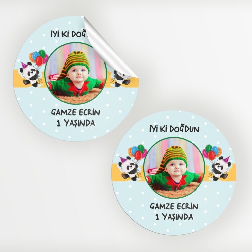 Panda Temalı Yuvarlak Doğum Günü Etiketi