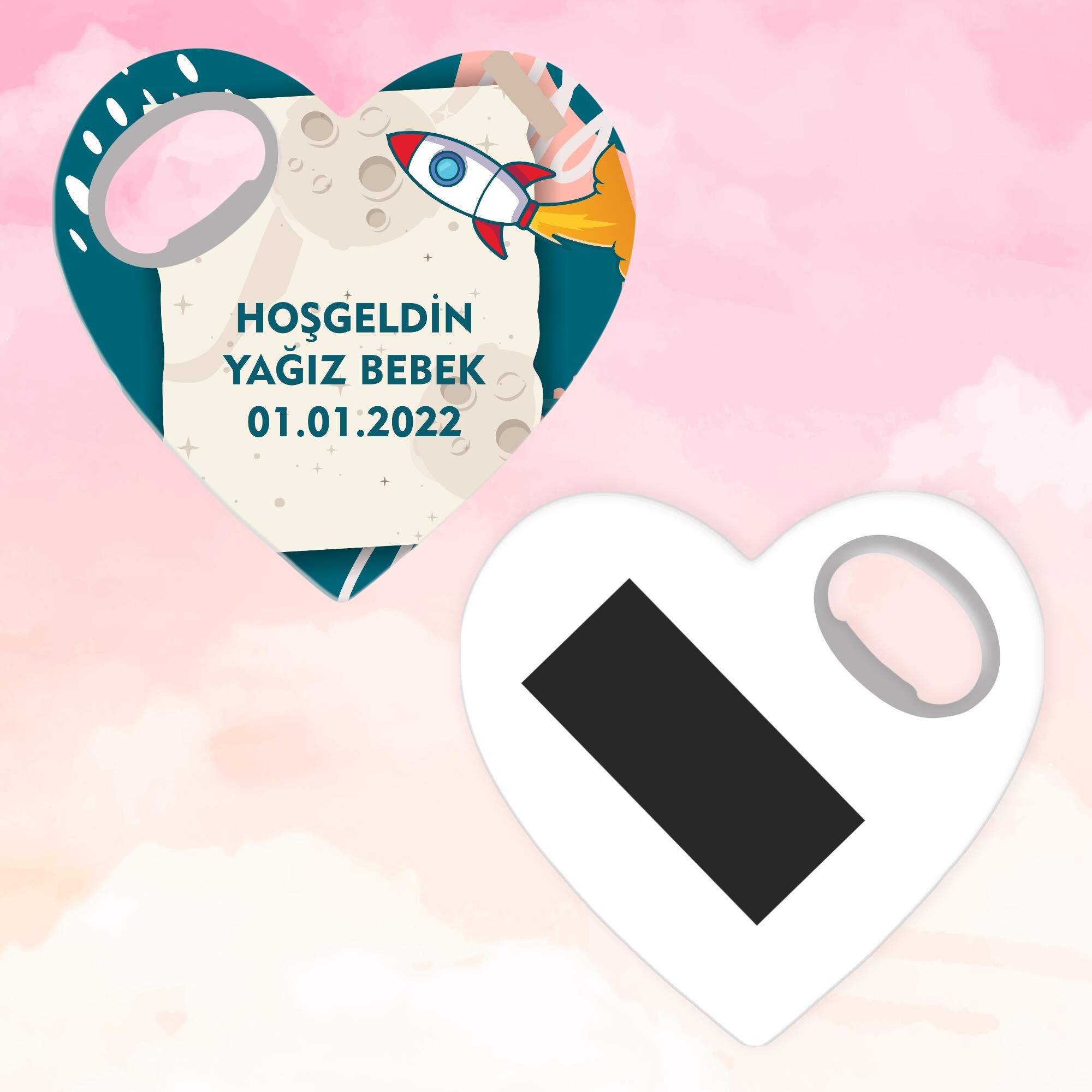 Roket Temalı Kalp Magnet Açacak
