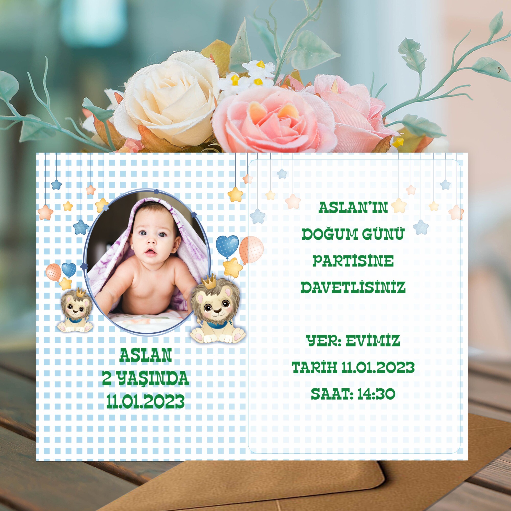 Sevimli Aslan Doğum Günü İçin Zarflı Davetiye