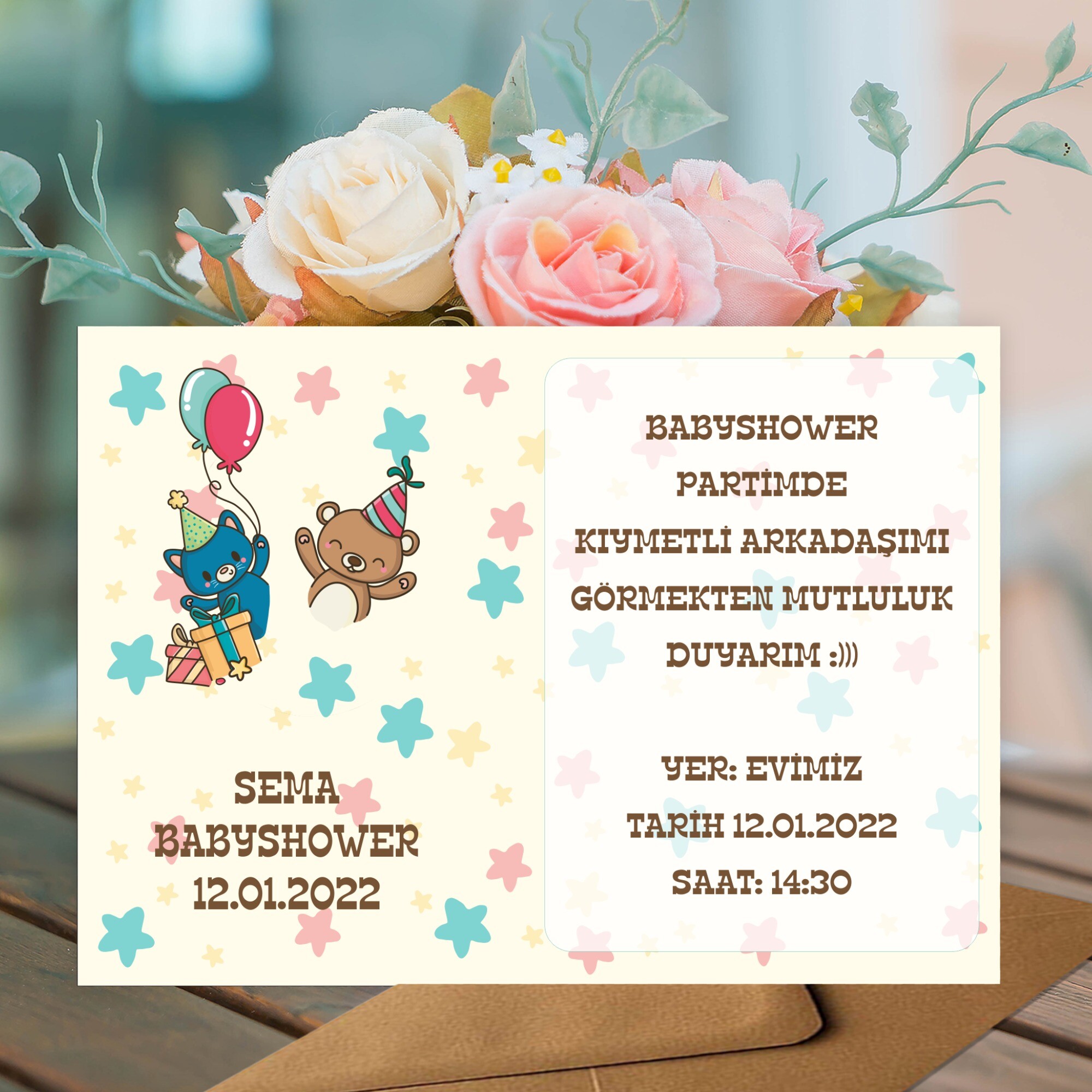 Ayı Figürlü Parti Davetiyesi Zarf Dahil
