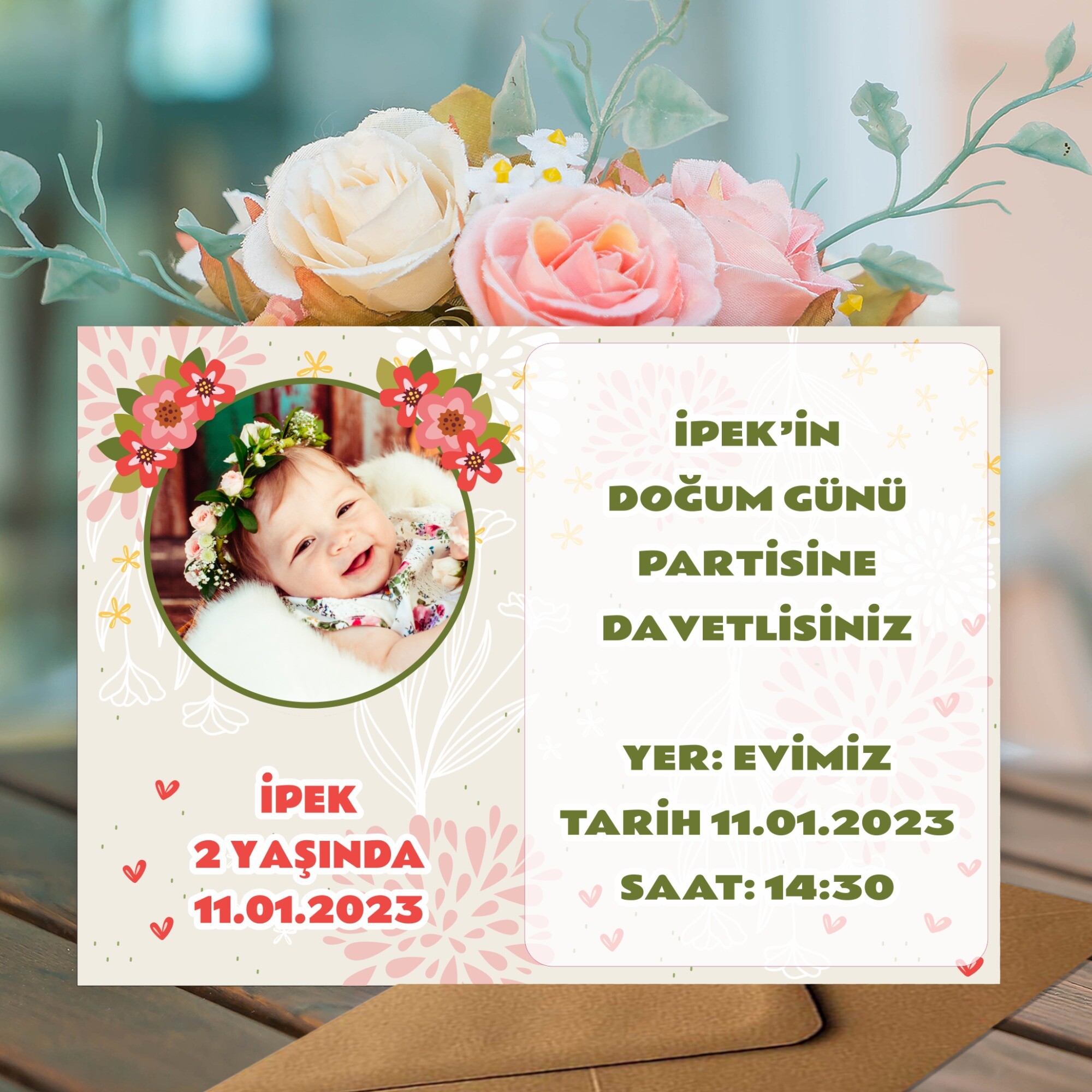 Çiçekli Doğum Günü İçin Zarflı Davetiye