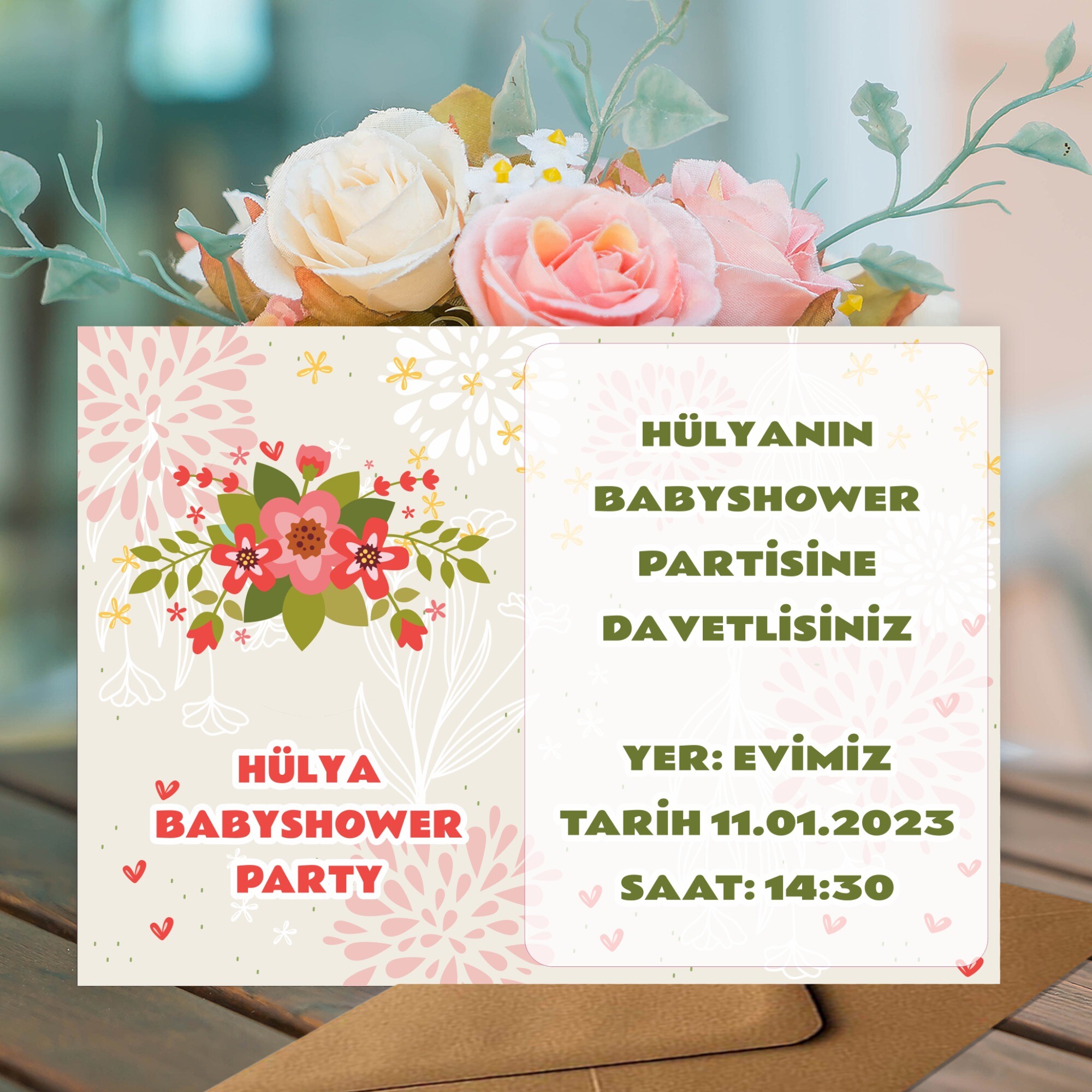 Çiçekli Parti Davetiyesi Zarf Dahil