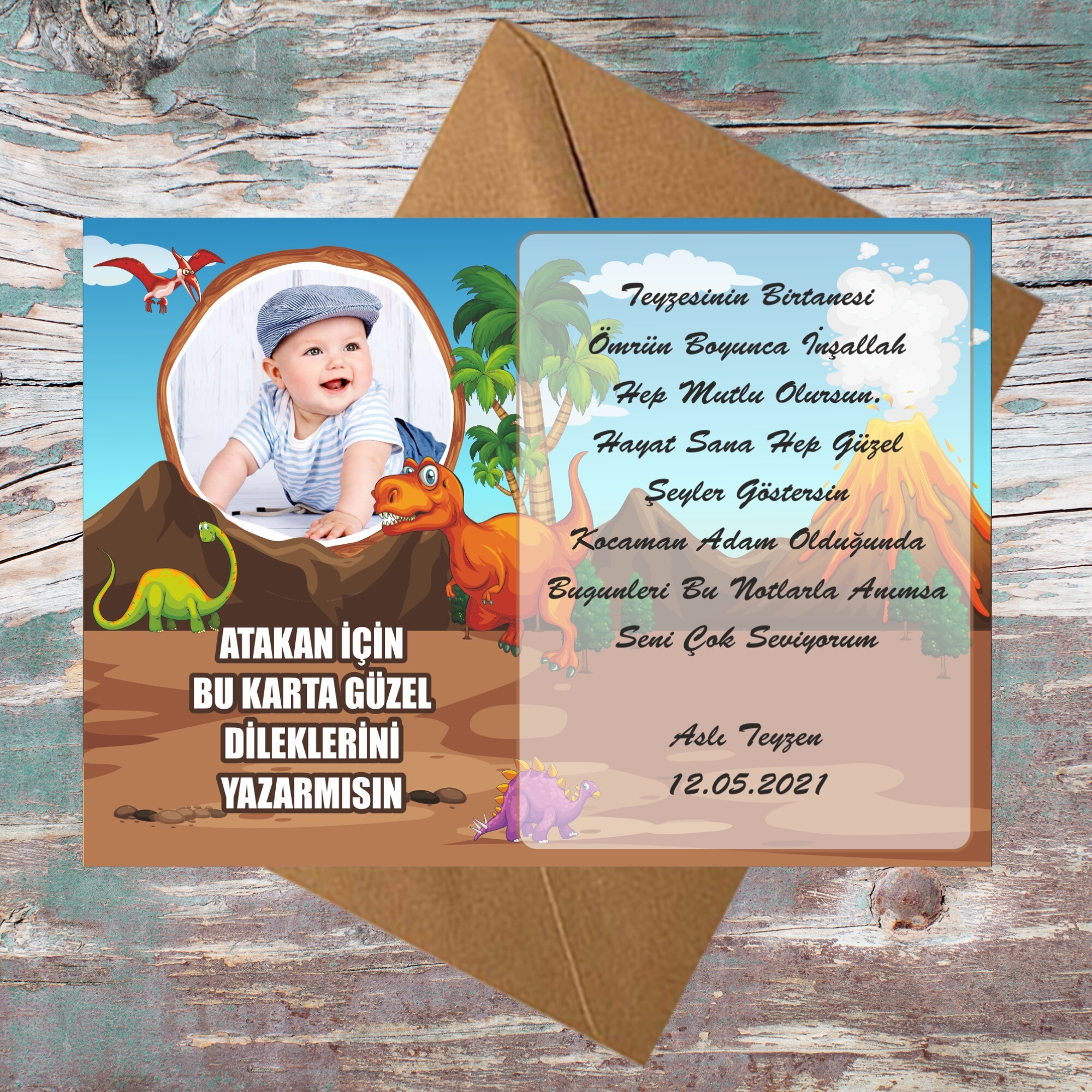 Dinazor Temalı Doğum Günü İçin Zarflı Anı Kartı