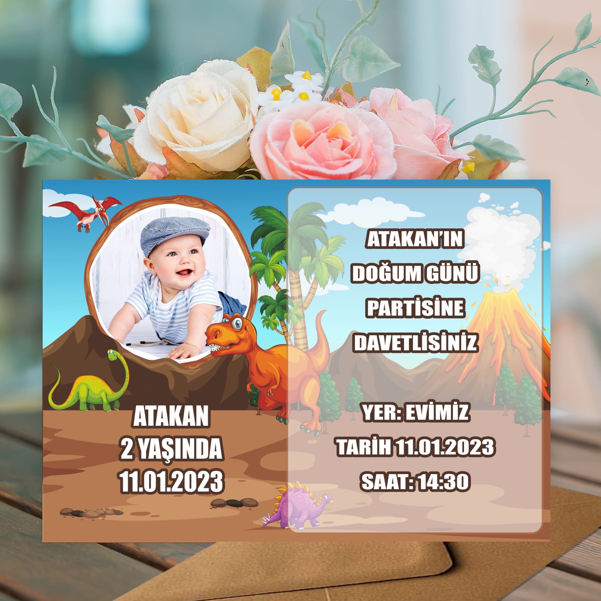 Dinazor Temalı Doğum Günü İçin Zarflı Davetiye