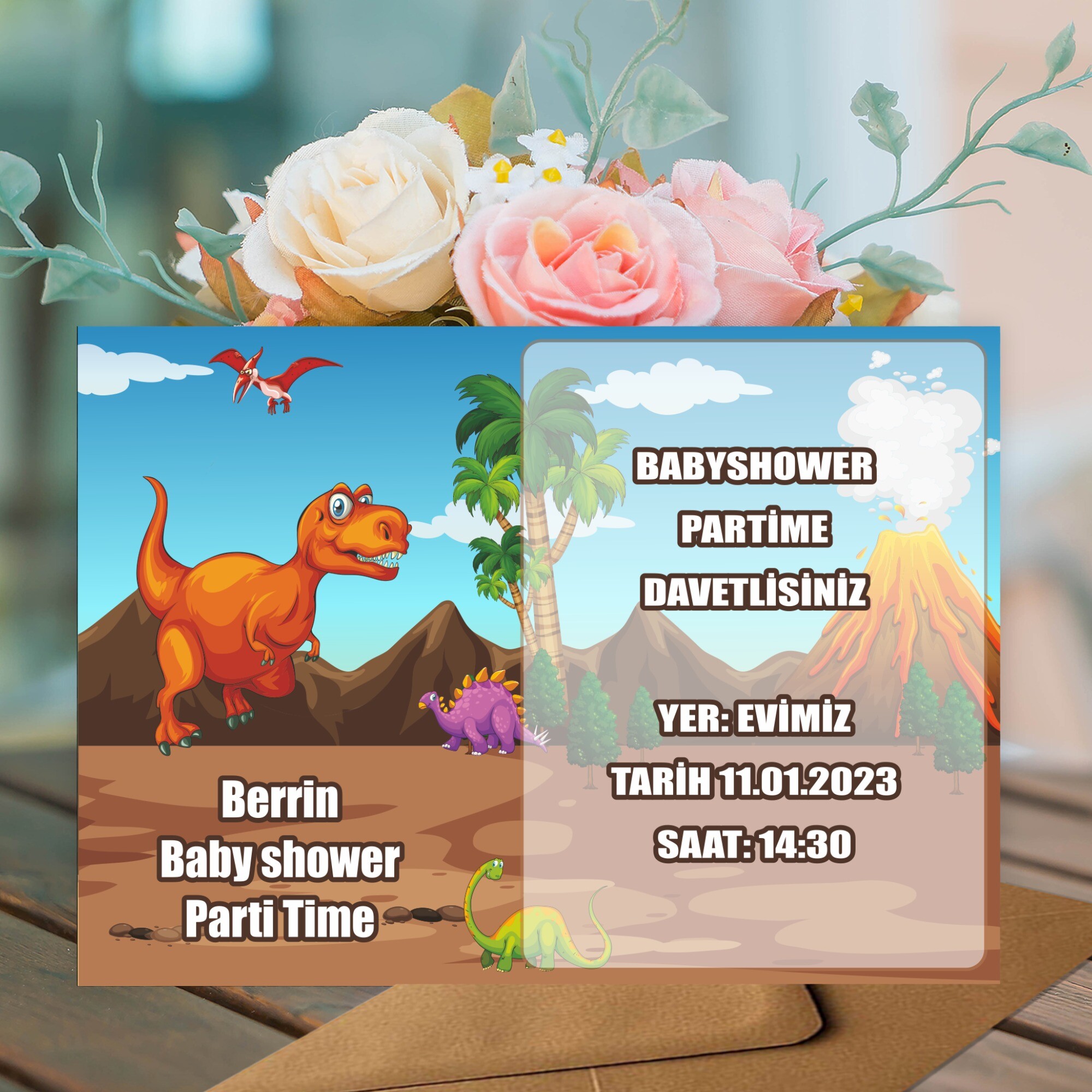 Dinazor Temalı Parti Davetiyesi Zarf Dahil