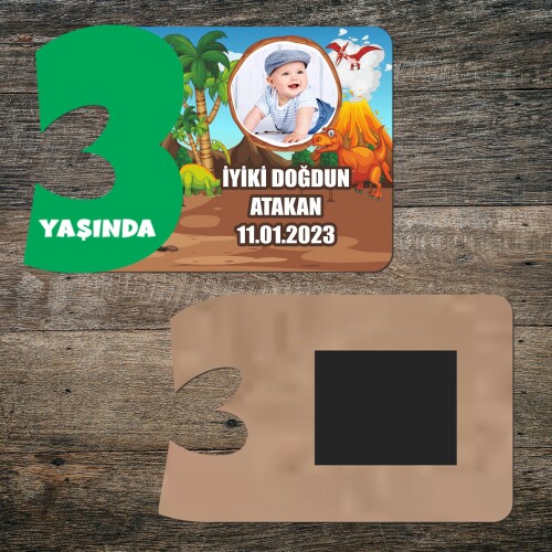 Dinazor Temalı 3 Yaş İçin Yeşil Rakam Ahşap Doğum Günü Magneti