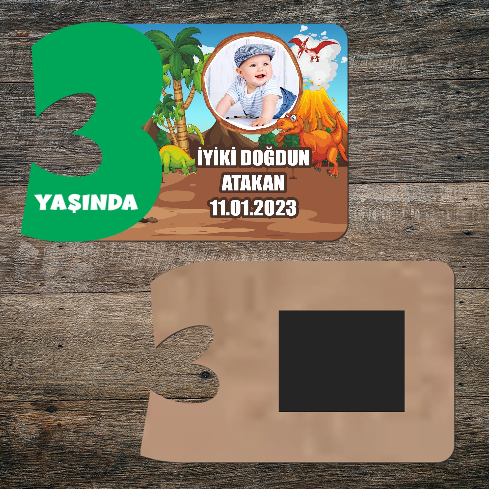 Dinazor Temalı 3 Yaş İçin Yeşil Rakam Ahşap Doğum Günü Magneti