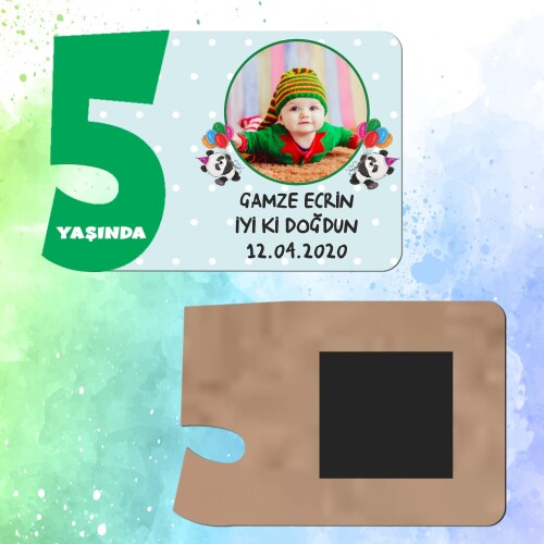 Panda Temalı Yeşil Rakamlı Ahşap 5 Yaşında Magnet
