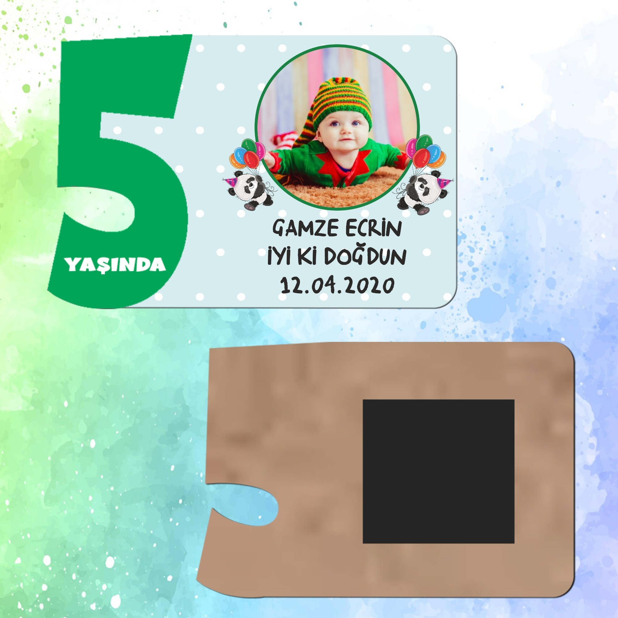 Panda Temalı Yeşil Rakamlı Ahşap 5 Yaşında Magnet