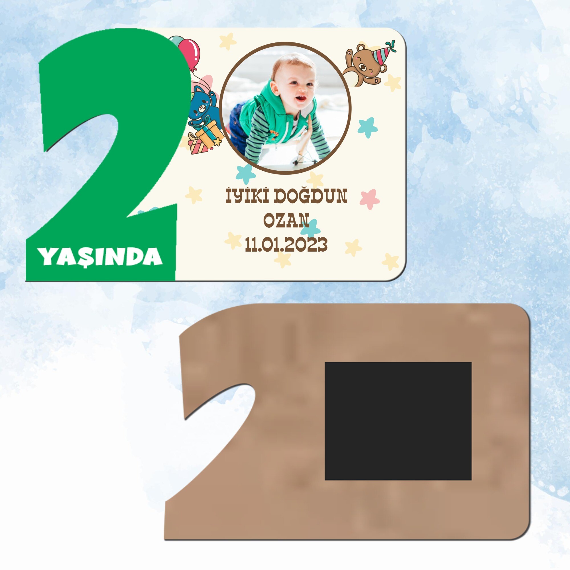 Ayı Figürlü Yeşil Rakamlı 2 Yaş Hediye Ahşap Magnet