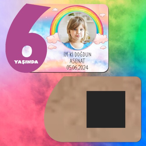 Gökkuşağı Temalı 6 Yaş İçin Mor Rakamlı Ahşap Magnet Baskı