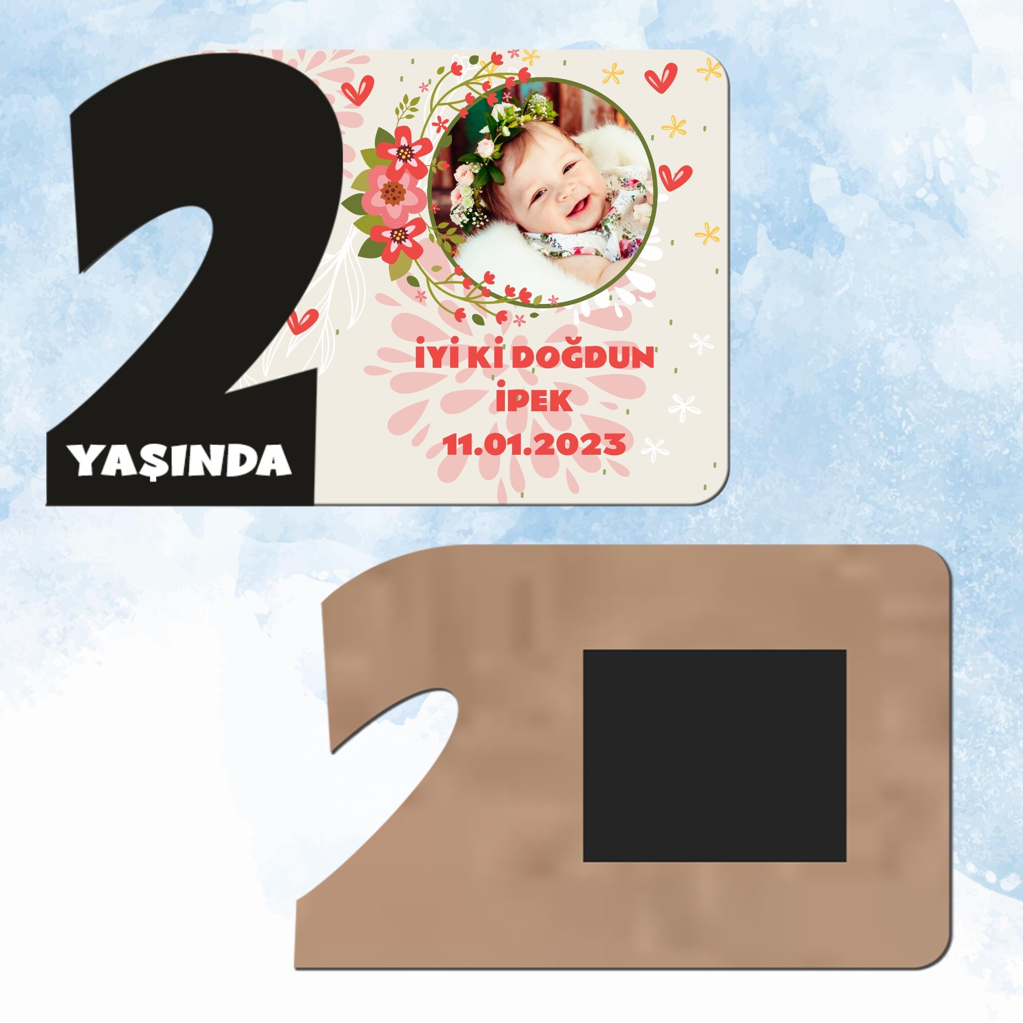 Çiçekli 2 Yaşında Siyah Rakam Magnet Ahşap