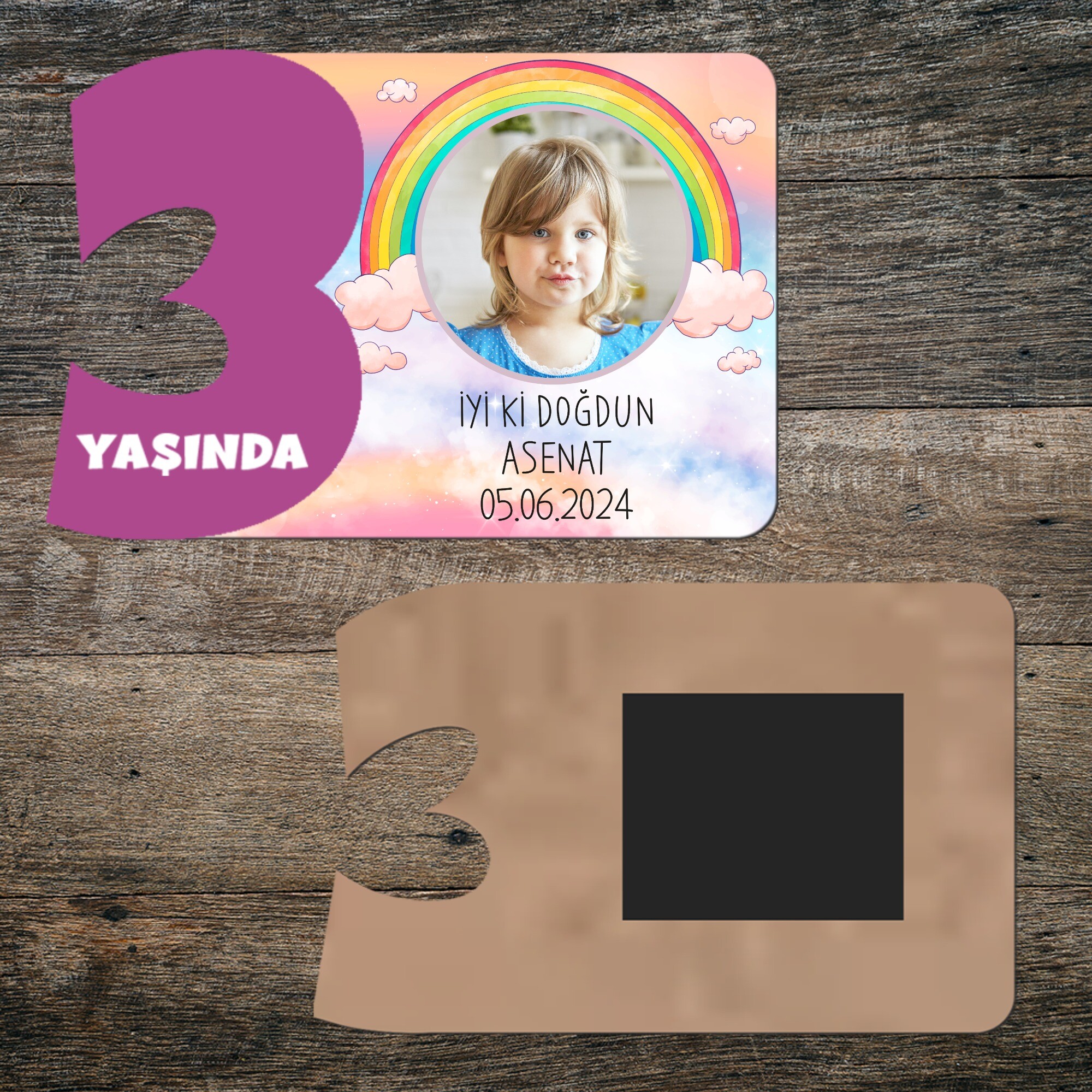 Gökkuşağı Temalı 3 Yaşında Mor Rakam Ahşap Magnet