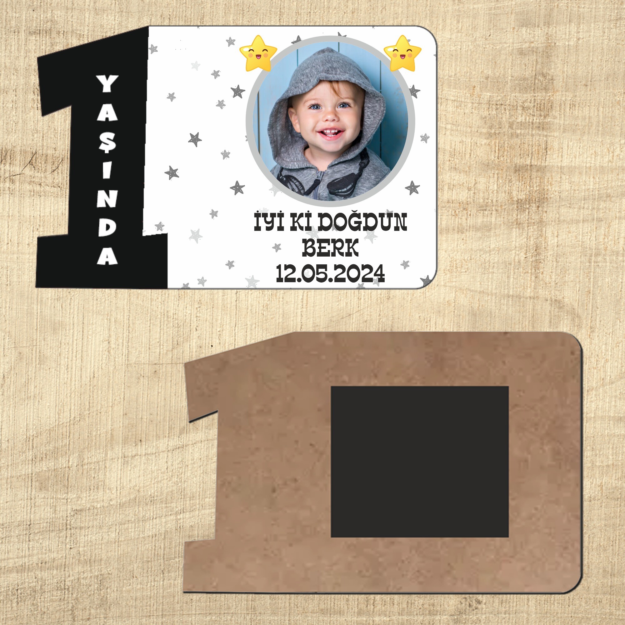 Star Temalı 1 Yaşındayım Siyah Rakam Magnet Ahşap