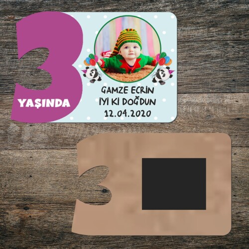 Panda Temalı 3 Yaşında Mor Rakam Ahşap Magnet