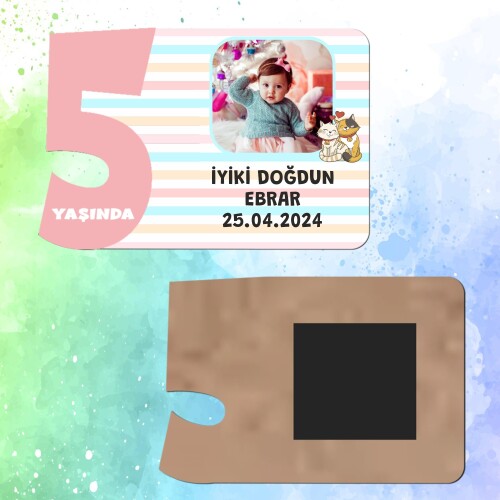 Sevimli Kediler 5 Yaş İçin Pembe Sayılı  Ahşap Magnet