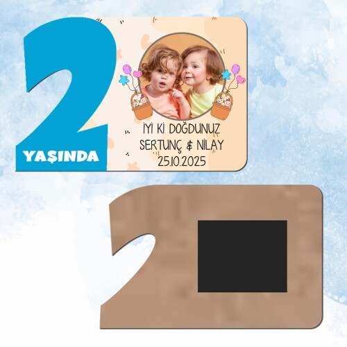 İkiz Bebek 2 Yaş Mavi Rakam Ahşap Magnet