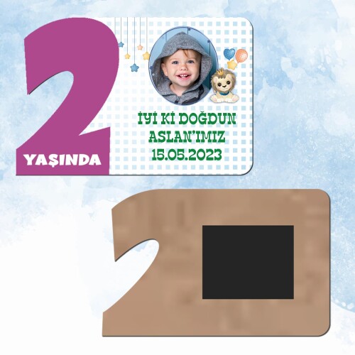 Sevimli Aslan Mor Rakam 2 Yaşında Ahşap Hediye Magnet