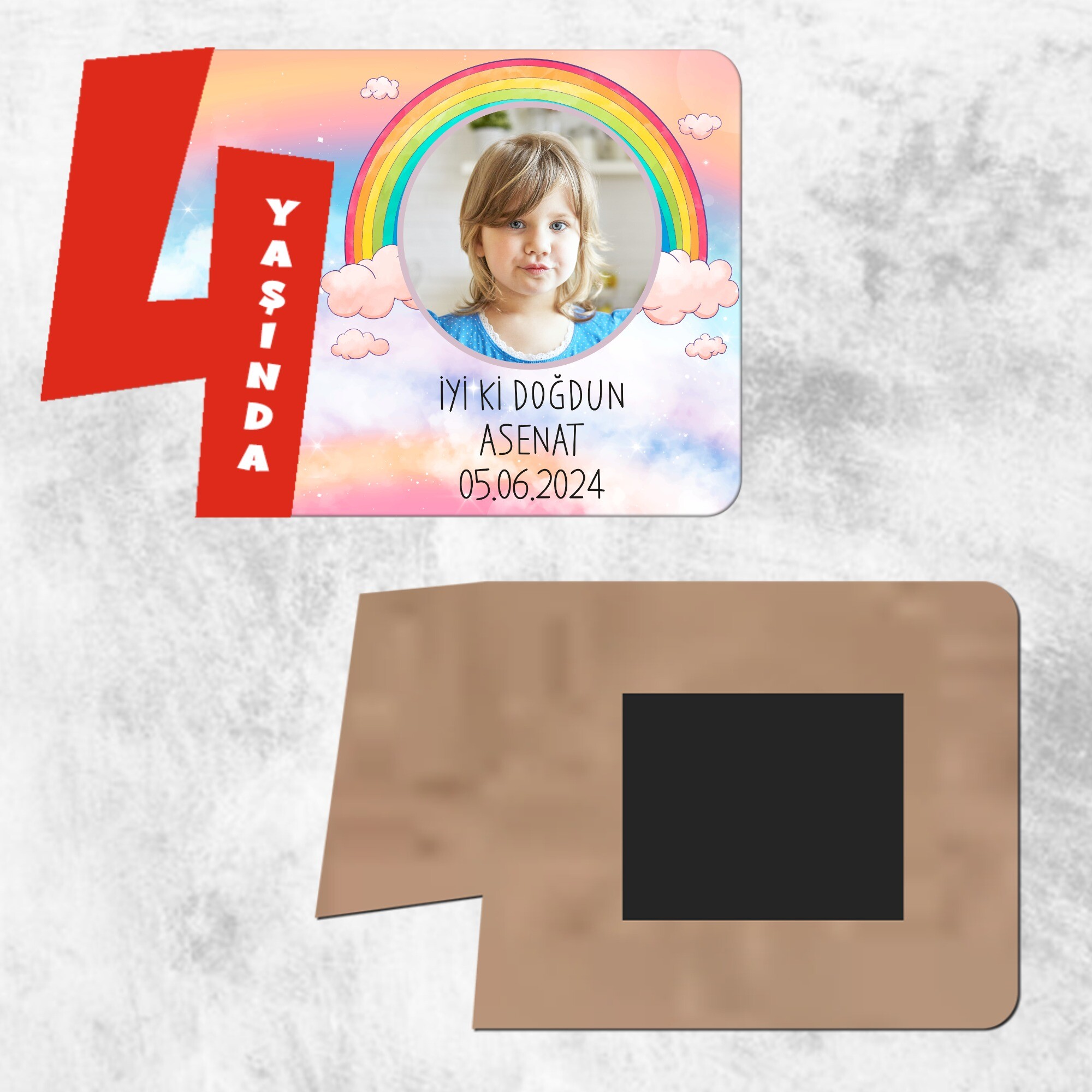 Gökkuşağı Temalı 4 Yaş Çocuk İçin Kırmızı Ahşap Magnet Hatırası