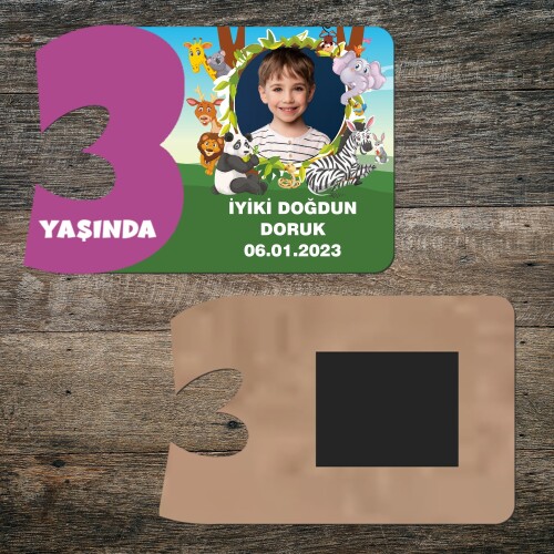 Safari Temalı 3 Yaşında Mor Rakam Ahşap Magnet