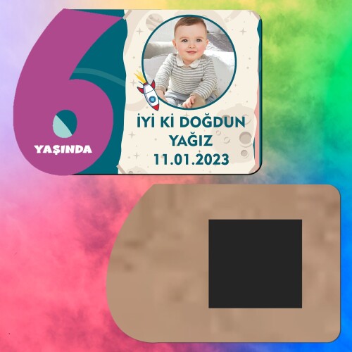 Roket Temalı 6 Yaş İçin Mor Rakamlı Ahşap Magnet Baskı