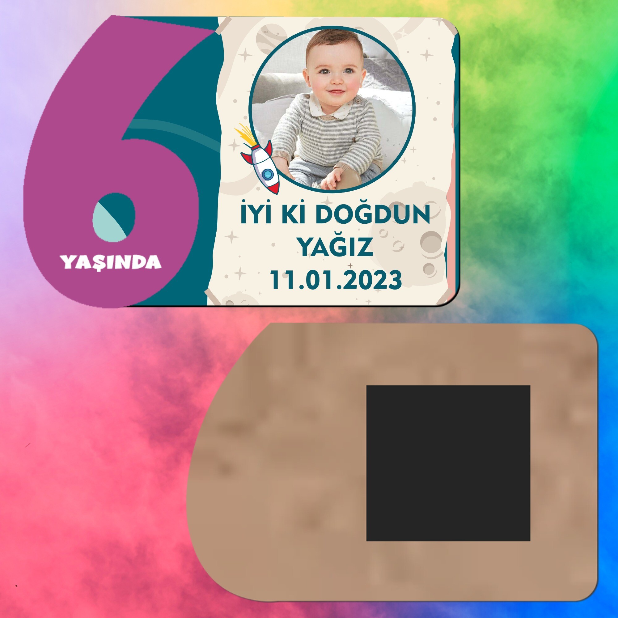 Roket Temalı 6 Yaş İçin Mor Rakamlı Ahşap Magnet Baskı