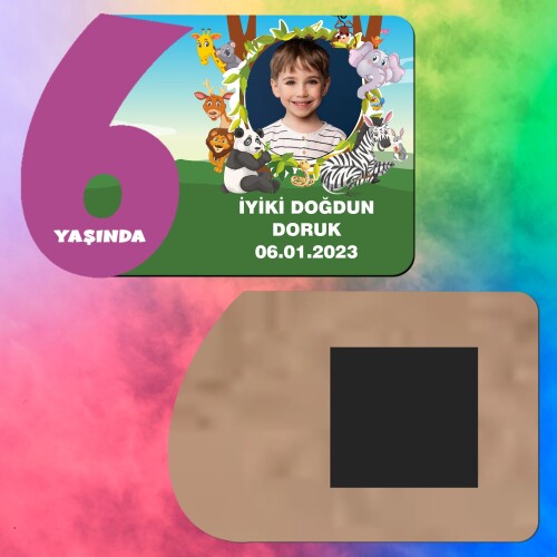 Safari Temalı 6 Yaş İçin Mor Rakamlı Ahşap Magnet Baskı