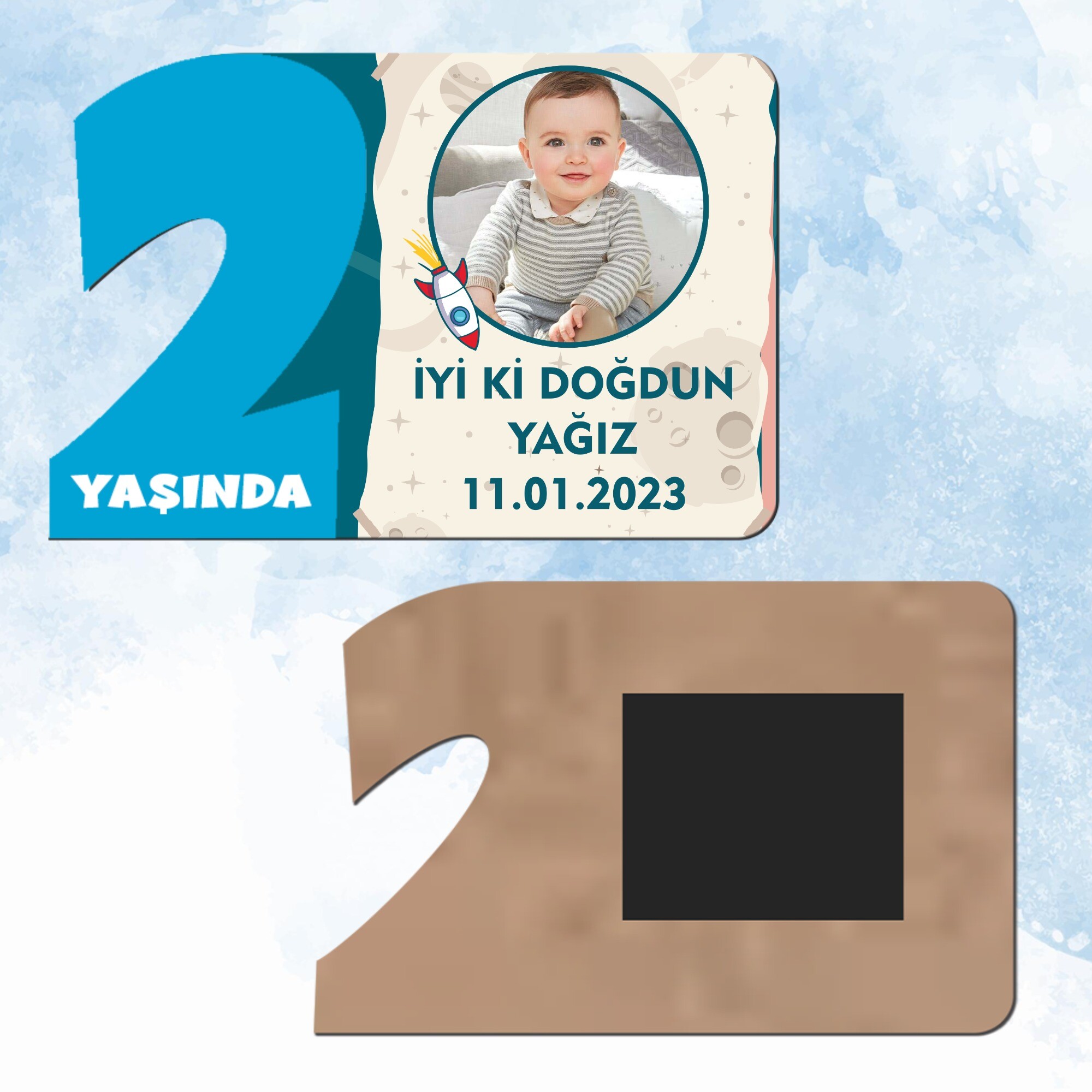 Roket Temalı 2 Yaş Mavi Rakam Ahşap Magnet