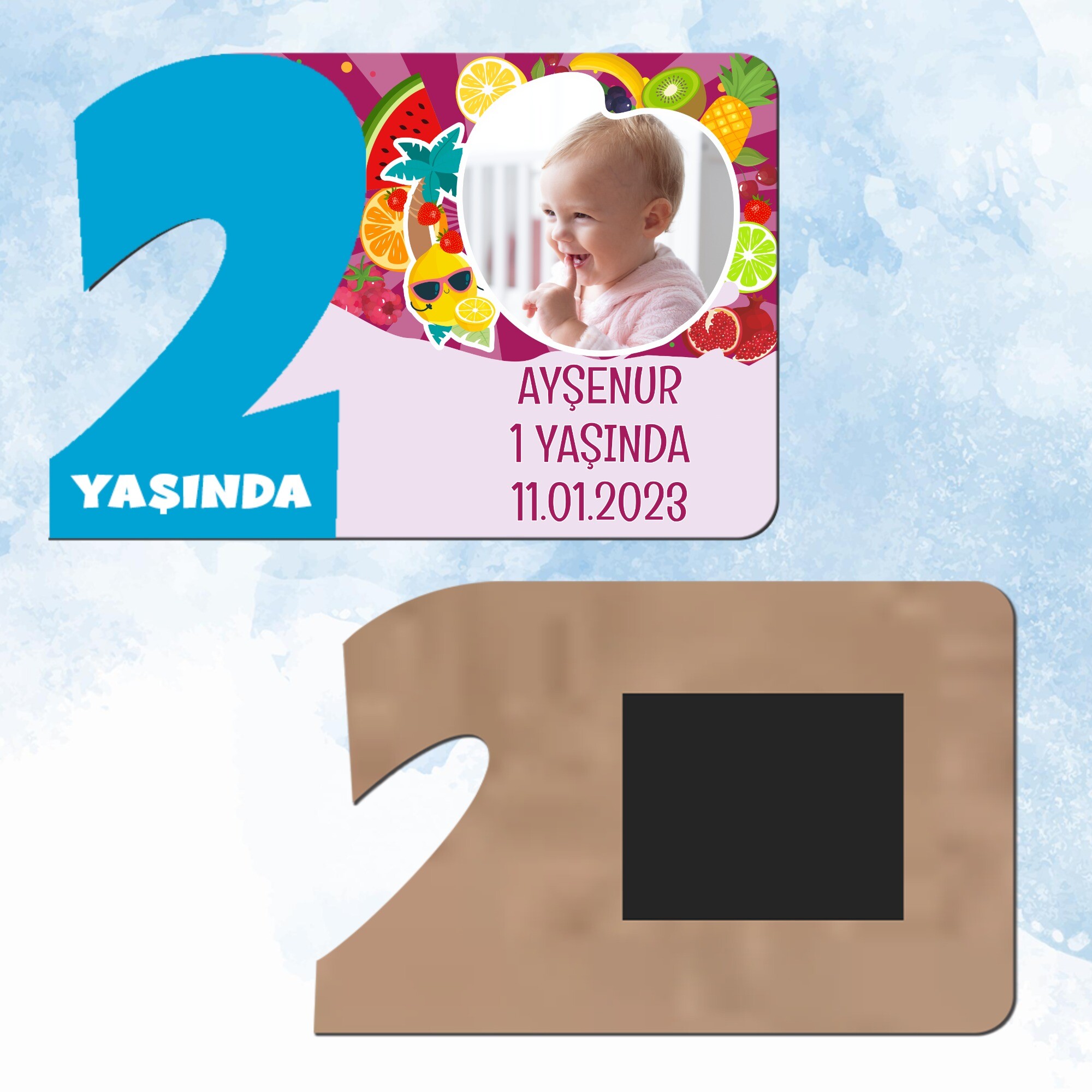 Meyveler Figürlü 2 Yaş Mavi Rakam Ahşap Magnet
