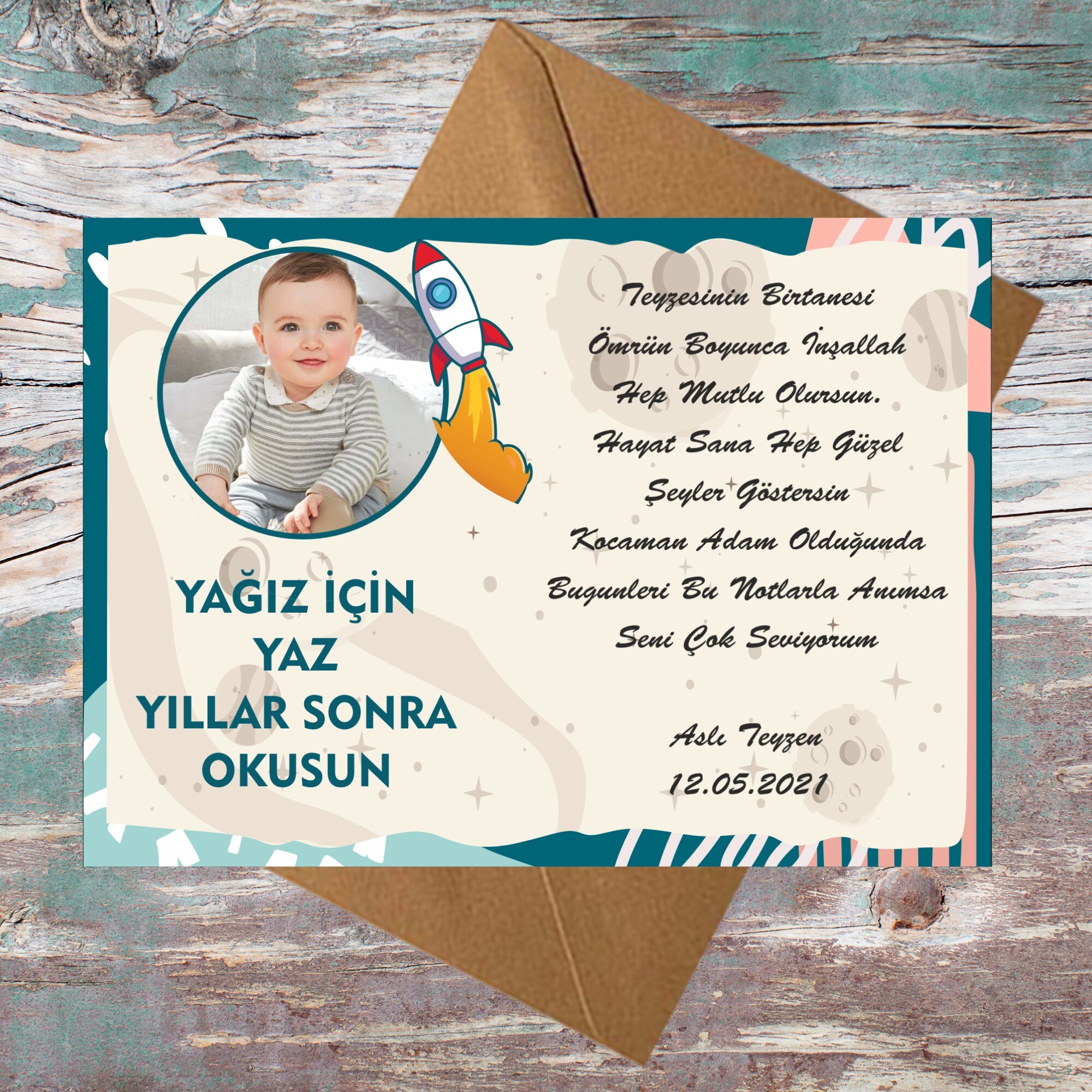 Roket Temalı Doğum Günü İçin Zarflı Anı Kartı