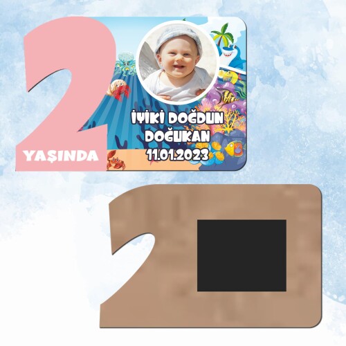 Deniz Canlıları Konsept 2 Yaş Pembe Rakam Ahşap Magnet