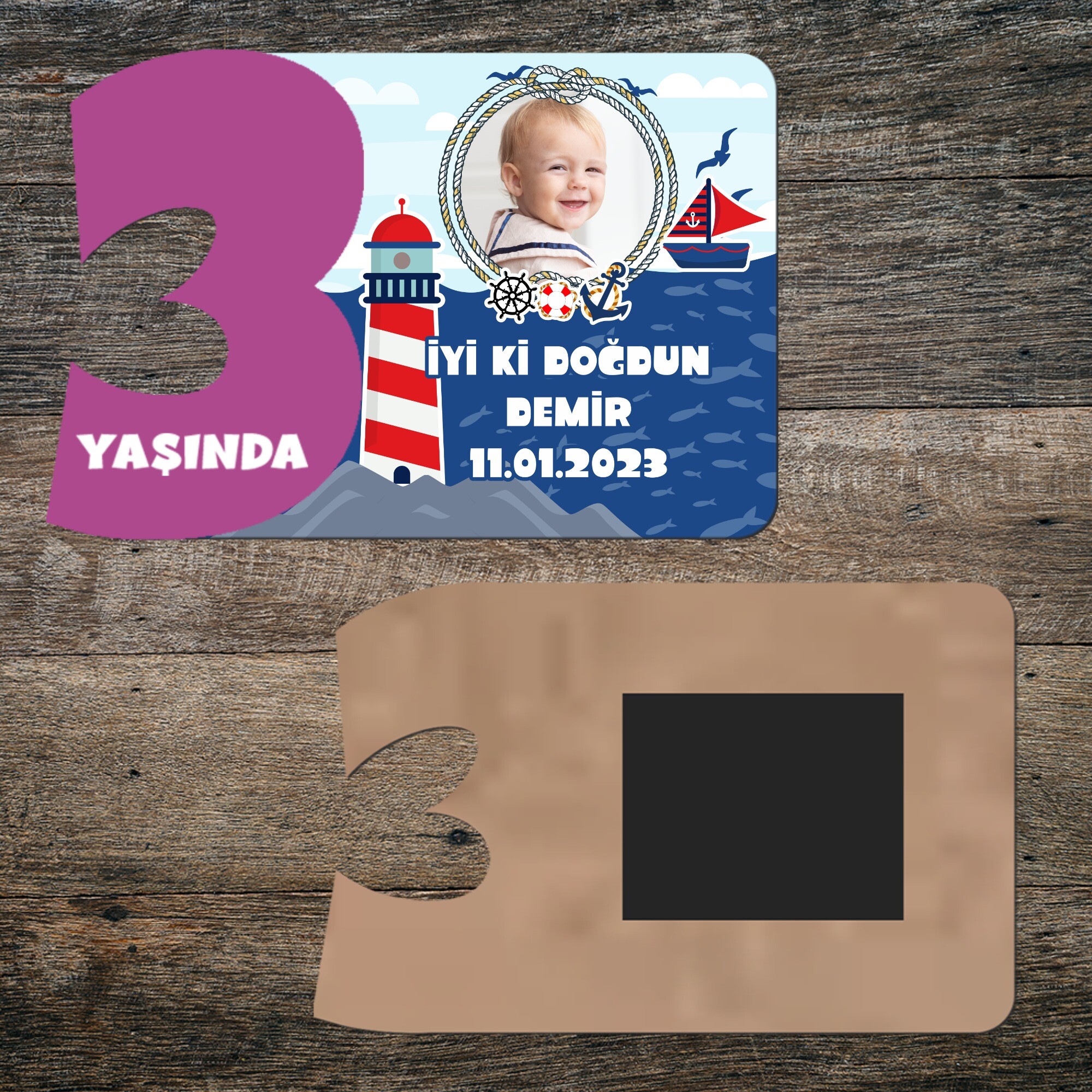 Denizci Teması 3 Yaşında Mor Rakam Ahşap Magnet