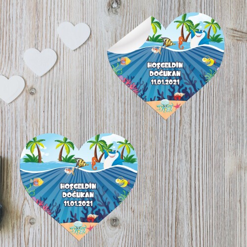 Deniz Canlıları Konsept Kalp Şeklinde Sticker Etiket