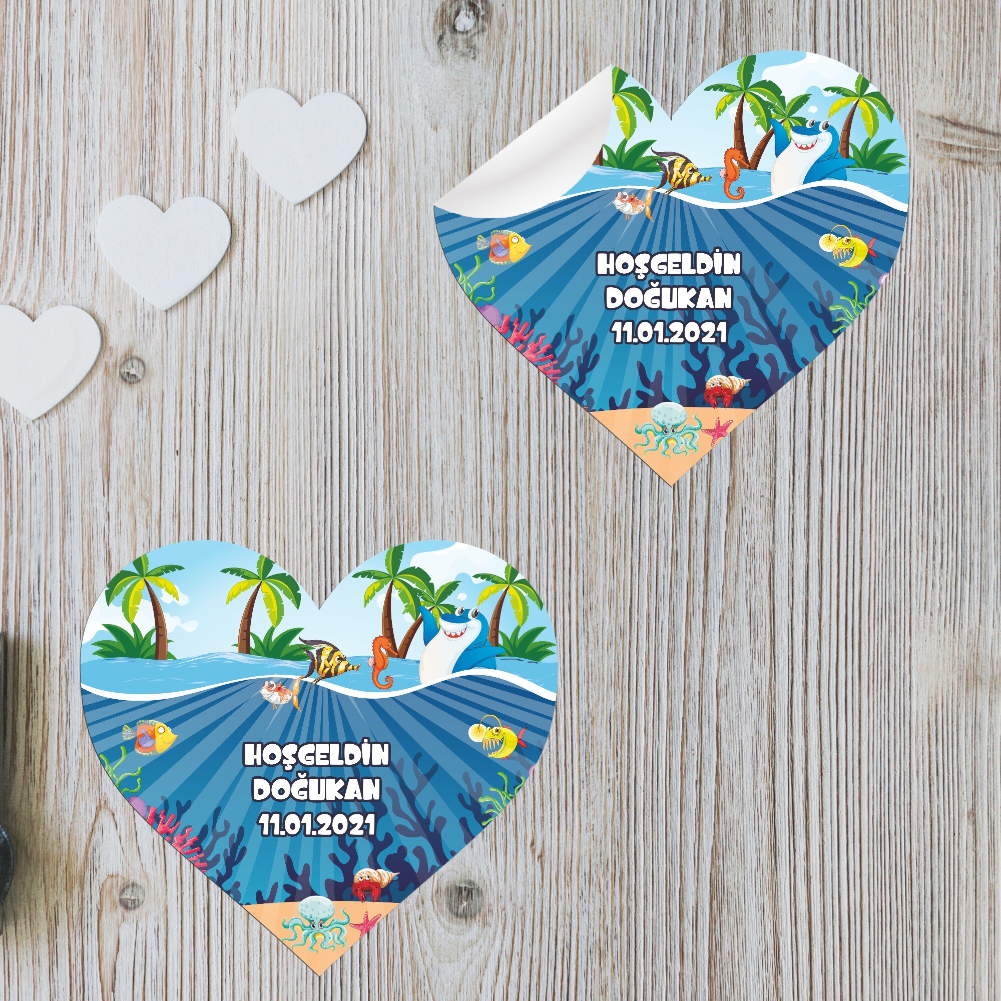 Deniz Canlıları Konsept Kalp Şeklinde Sticker Etiket