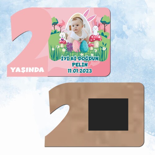 Tavşan Kız Temalı 2 Yaş Pembe Rakam Ahşap Magnet