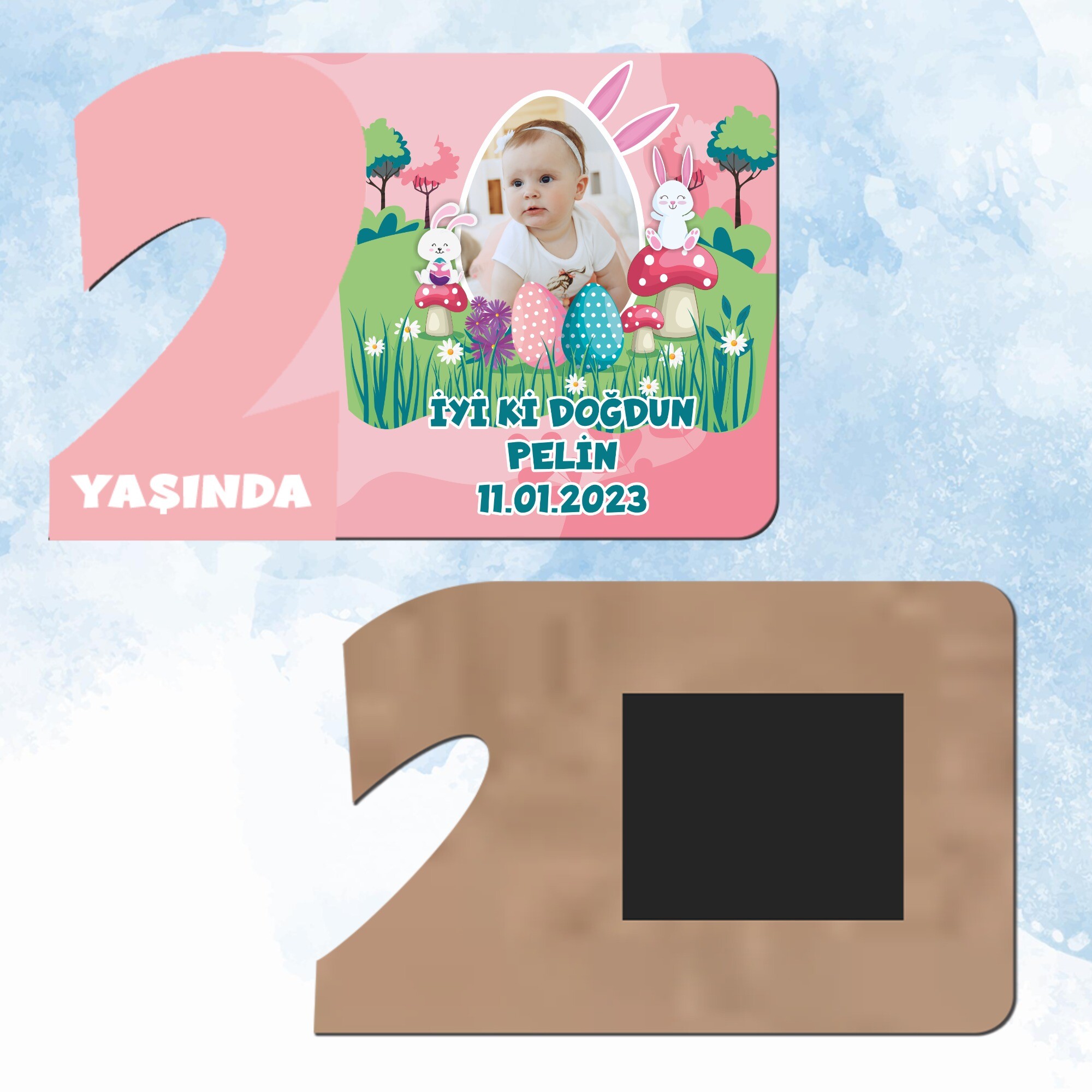 Tavşan Kız Temalı 2 Yaş Pembe Rakam Ahşap Magnet