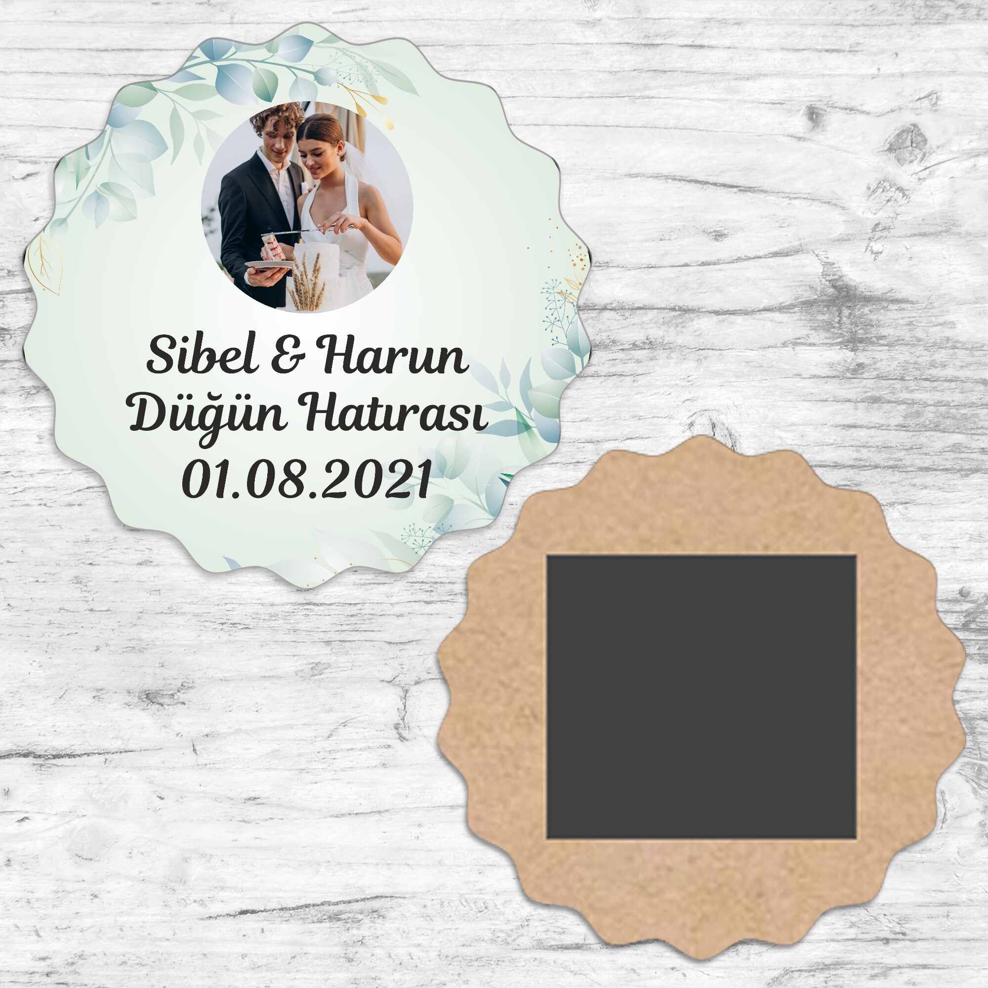 Su Yeşili Yapraklı Dalgalı Ahşap Kına Düğün Magnet