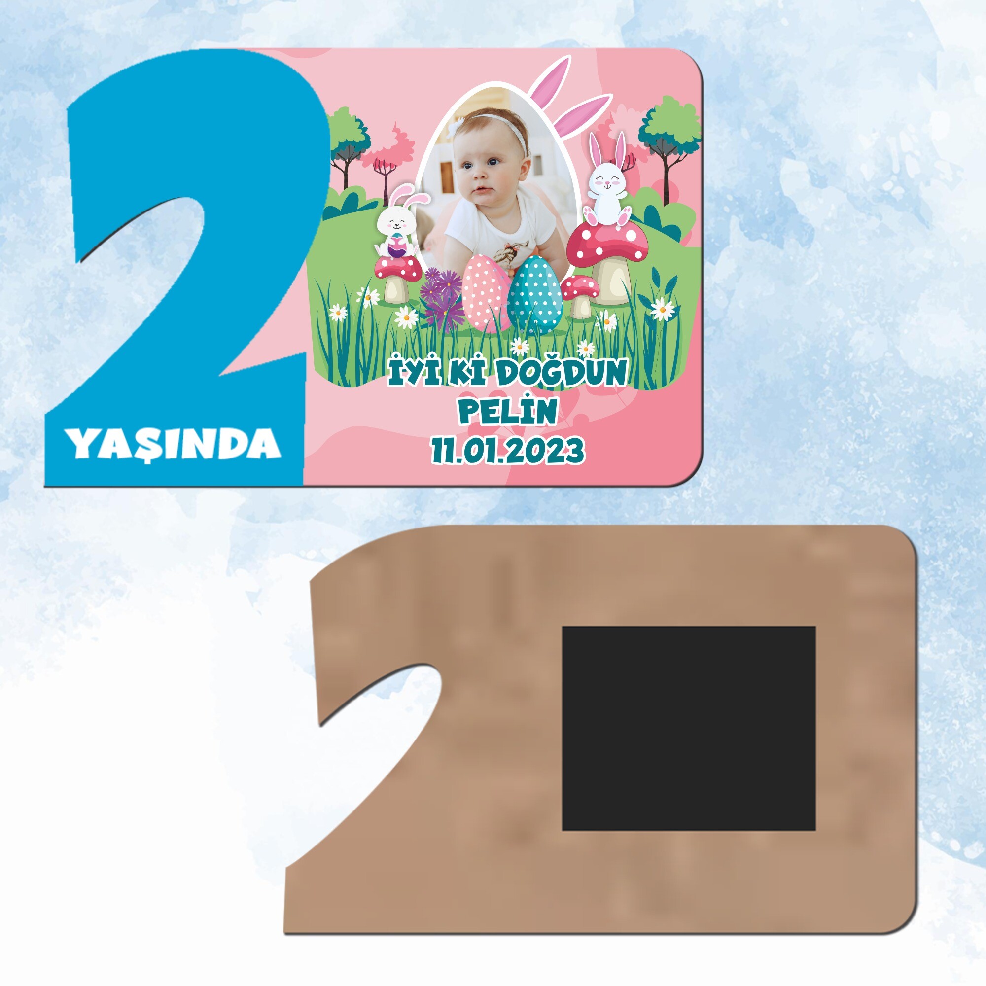 Tavşan Kız Temalı 2 Yaş Mavi Rakam Ahşap Magnet