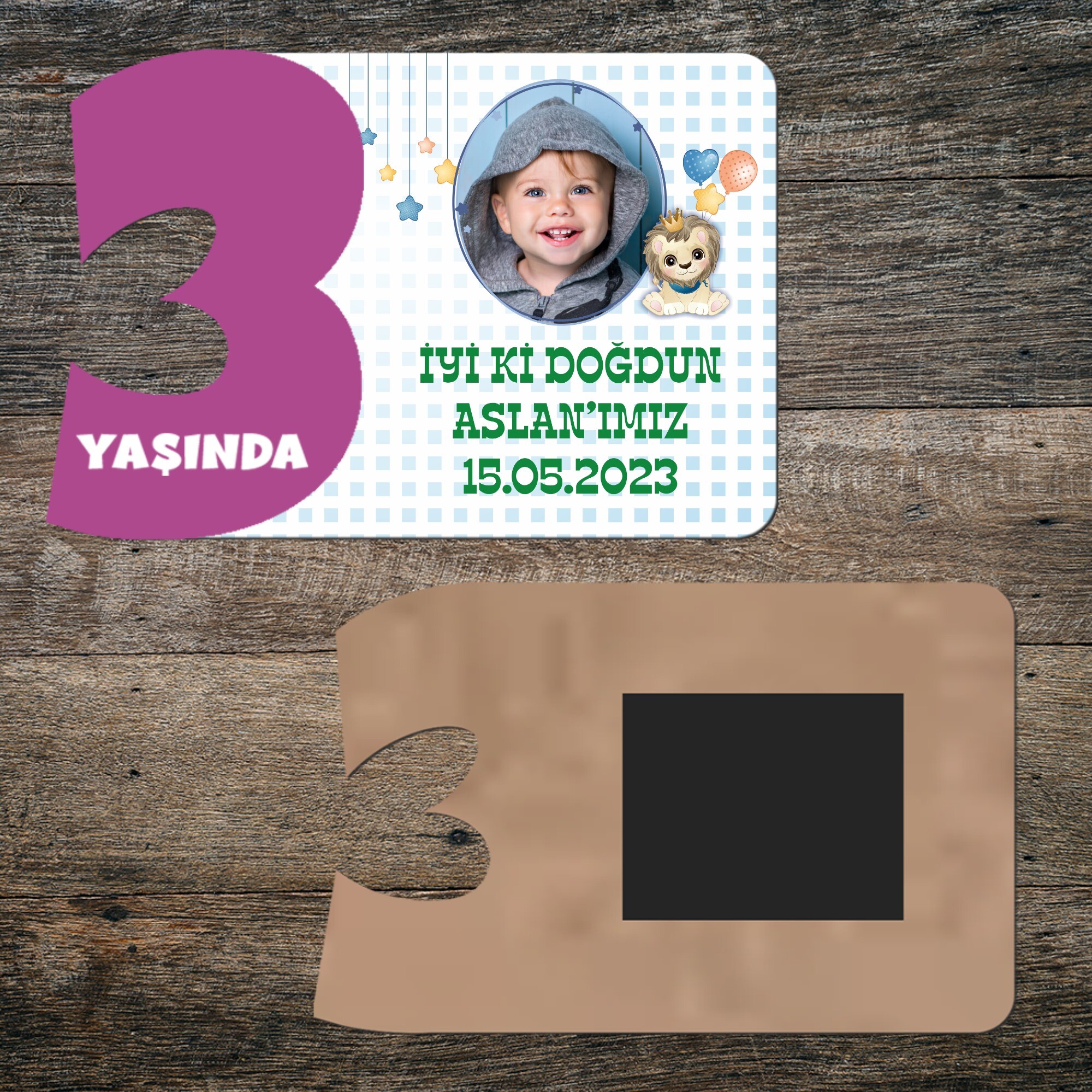 Sevimli Aslan 3 Yaşında Mor Rakam Ahşap Magnet