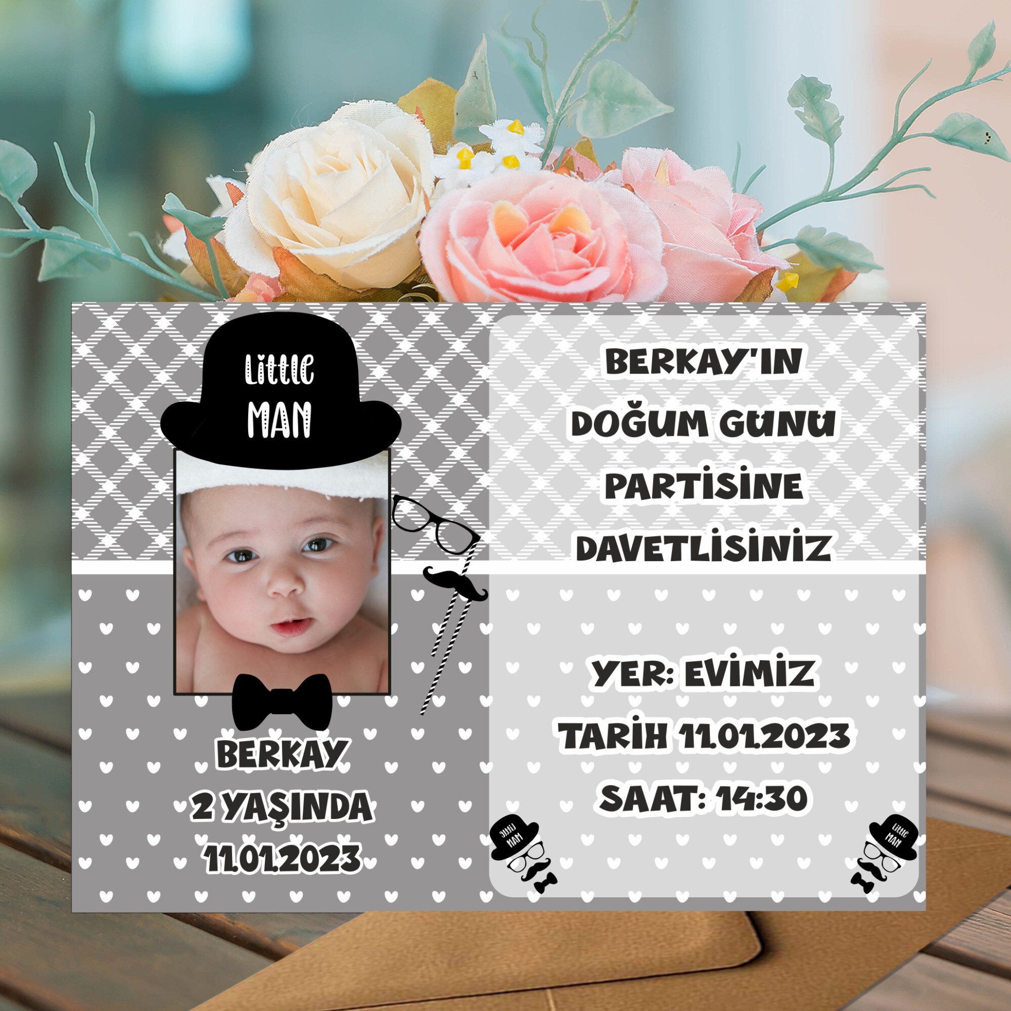 Little Man Küçük Adam Doğum Günü İçin Zarflı Davetiye