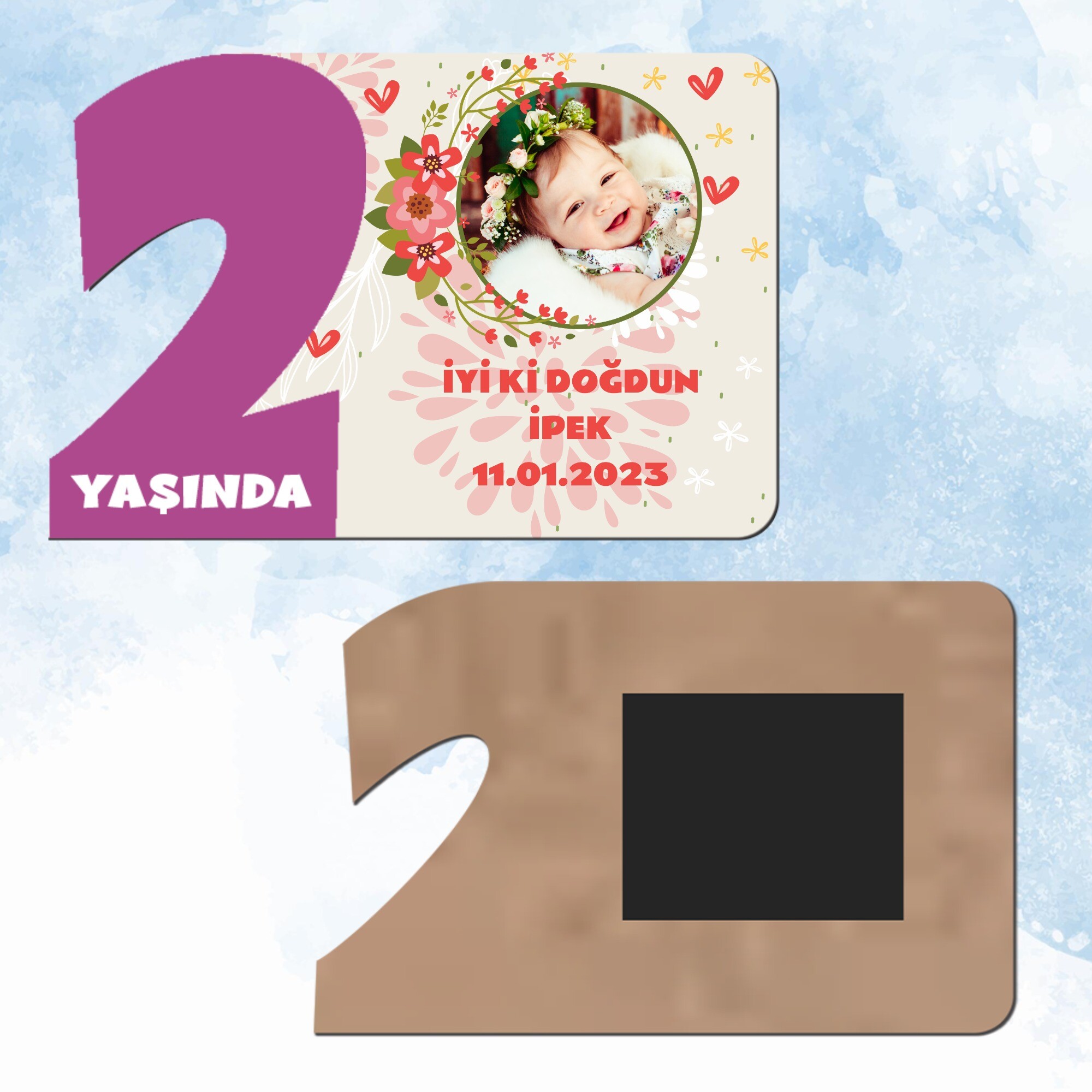 Çiçekli Mor Rakam 2 Yaşında Ahşap Hediye Magnet