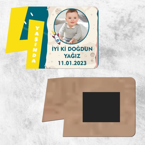 Roket Temalı 4 Yaş Rakamlı Sarı Resimli Ahşap magnet